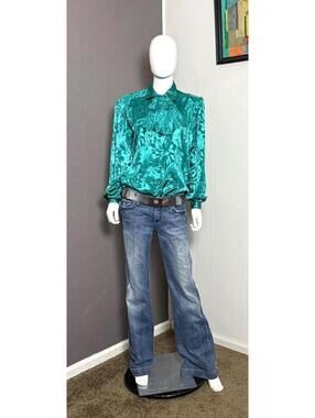 Vintage 1970's Teal Silky Blouse with Jabot Neck Disco Secretary Shirt size 14